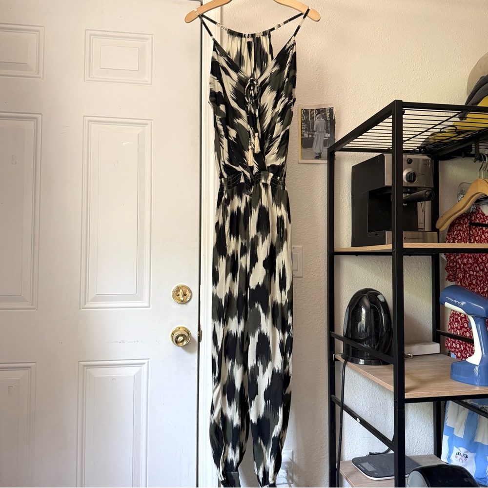 KHUSH cream black boho Aztec tribal print rayon surplice wide leg jumpsuit